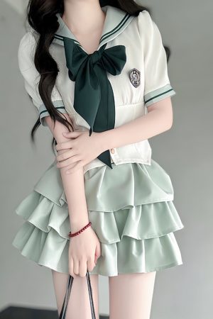 Japanese College Style Pudding Bear JK Uniform Sailor Suit Green Waist-Defined Short Sleeve Summer Outfit with Cake Skirt