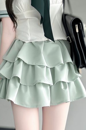 Japanese College Style Pudding Bear JK Uniform Sailor Suit Green Waist-Defined Short Sleeve Summer Outfit with Cake Skirt