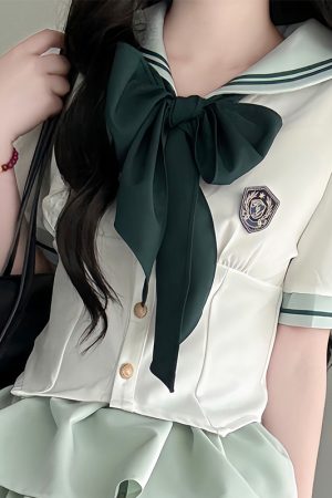 Japanese College Style Pudding Bear JK Uniform Sailor Suit Green Waist-Defined Short Sleeve Summer Outfit with Cake Skirt