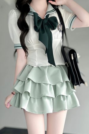 Japanese College Style Pudding Bear JK Uniform Sailor Suit Green Waist-Defined Short Sleeve Summer Outfit with Cake Skirt