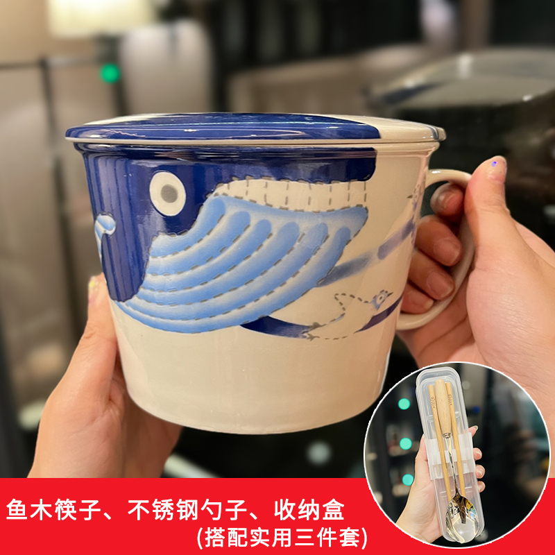 Japanese Hand-Painted Ceramic Noodle Bowl with Cute Cartoon Rabbit Handle and Lid - Perfect for Student Dorms and Home Decor Japanese Hand-Painted Ceramic Noodle Bowl with Cute Cartoon Rabbit Handle and Lid - Perfect for Student Dorms and Home Decor