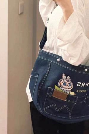 Japanese Korean Cartoon Embroidered Denim Crossbody Shoulder Bag - Large Capacity Tote for Students & Daily Commute