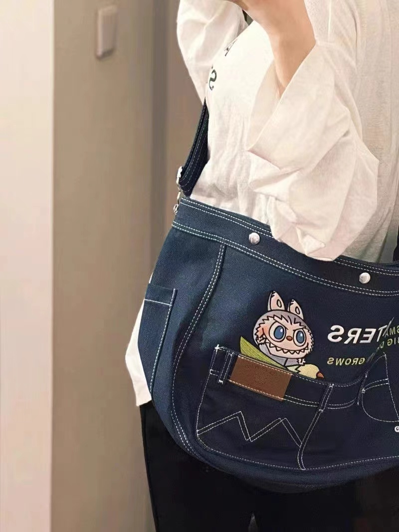 Japanese Korean Cartoon Embroidered Denim Crossbody Shoulder Bag - Large Capacity Tote for Students & Daily Commute Japanese Korean Cartoon Embroidered Denim Crossbody Shoulder Bag - Large Capacity Tote for Students & Daily Commute