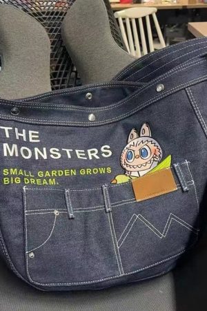 Japanese Korean Cartoon Embroidered Denim Crossbody Shoulder Bag - Large Capacity Tote for Students & Daily Commute
