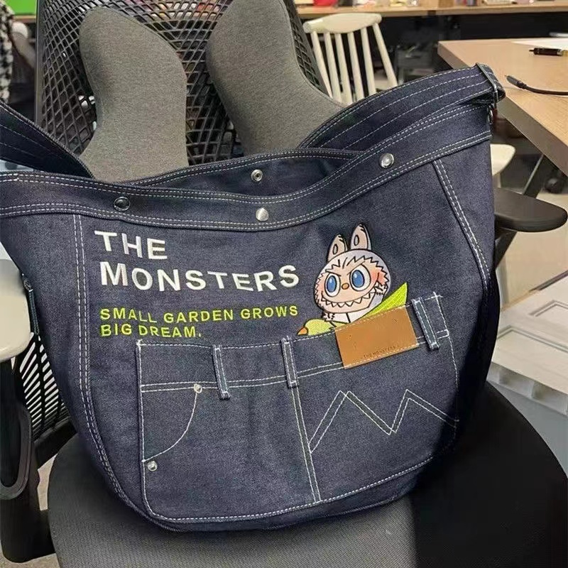 Japanese Korean Cartoon Embroidered Denim Crossbody Shoulder Bag - Large Capacity Tote for Students & Daily Commute Japanese Korean Cartoon Embroidered Denim Crossbody Shoulder Bag - Large Capacity Tote for Students & Daily Commute