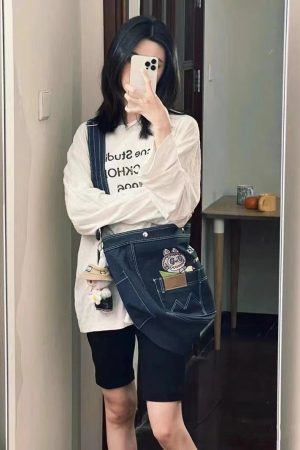 Japanese Korean Cartoon Embroidered Denim Crossbody Shoulder Bag - Large Capacity Tote for Students & Daily Commute