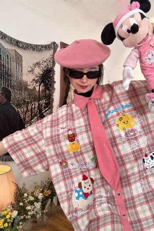 Japanese Retro Cartoon Embroidered Plaid Short Sleeve Shirt for Women - Summer College Style Top