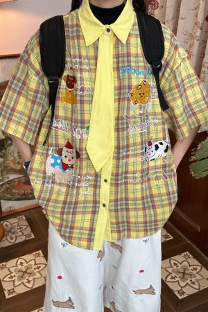 Japanese Retro Cartoon Embroidered Plaid Short Sleeve Shirt for Women - Summer College Style Top