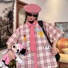 Japanese Retro Cartoon Embroidered Plaid Short Sleeve Shirt for Women - Summer College Style Top