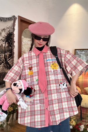 Japanese Retro Cartoon Embroidered Plaid Short Sleeve Shirt for Women - Summer College Style Top