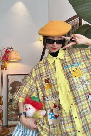 Japanese Retro Cartoon Embroidered Plaid Short Sleeve Shirt for Women - Summer College Style Top