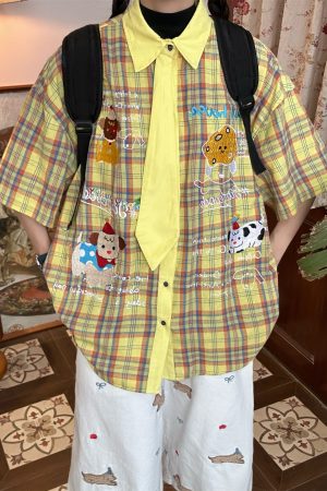 Japanese Retro Cartoon Embroidered Plaid Short Sleeve Shirt for Women - Summer College Style Top