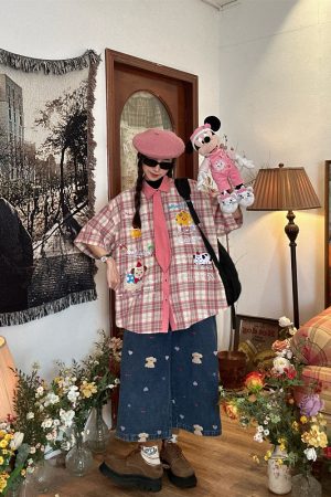 Japanese Retro Cartoon Embroidered Plaid Short Sleeve Shirt for Women - Summer College Style Top