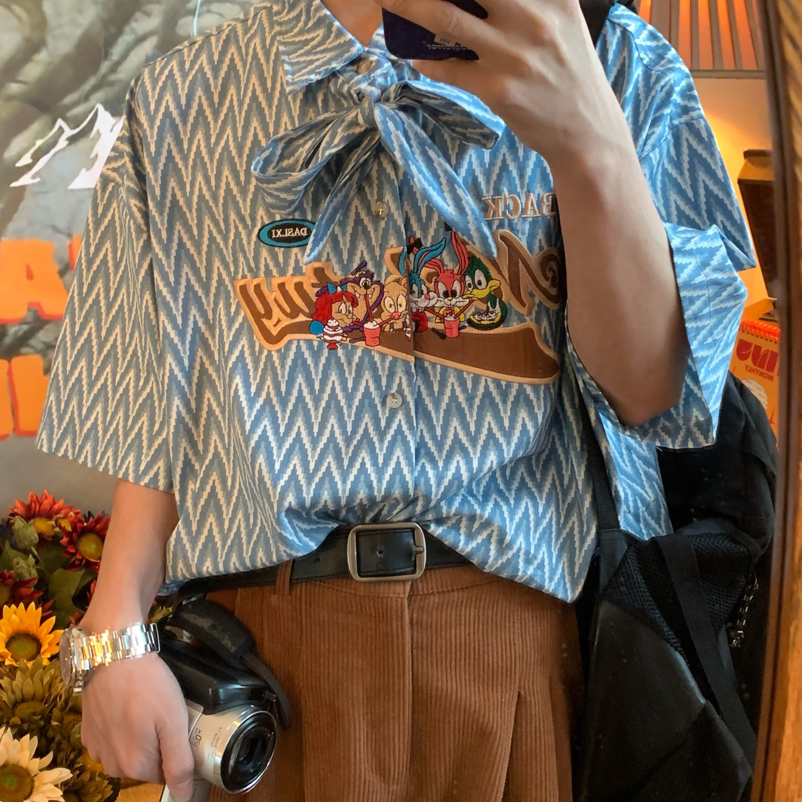 Japanese Retro Cartoon Embroidery Shirt, Loose Gender-Neutral Bow Tie Collar, Summer 90s Ins Style Top Japanese Retro Cartoon Embroidery Shirt, Loose Gender-Neutral Bow Tie Collar, Summer 90s Ins Style Top