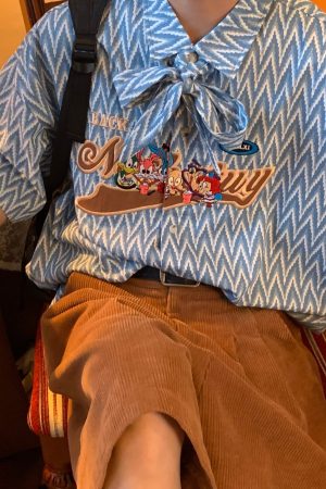 Japanese Retro Cartoon Embroidery Shirt, Loose Gender-Neutral Bow Tie Collar, Summer 90s Ins Style Top