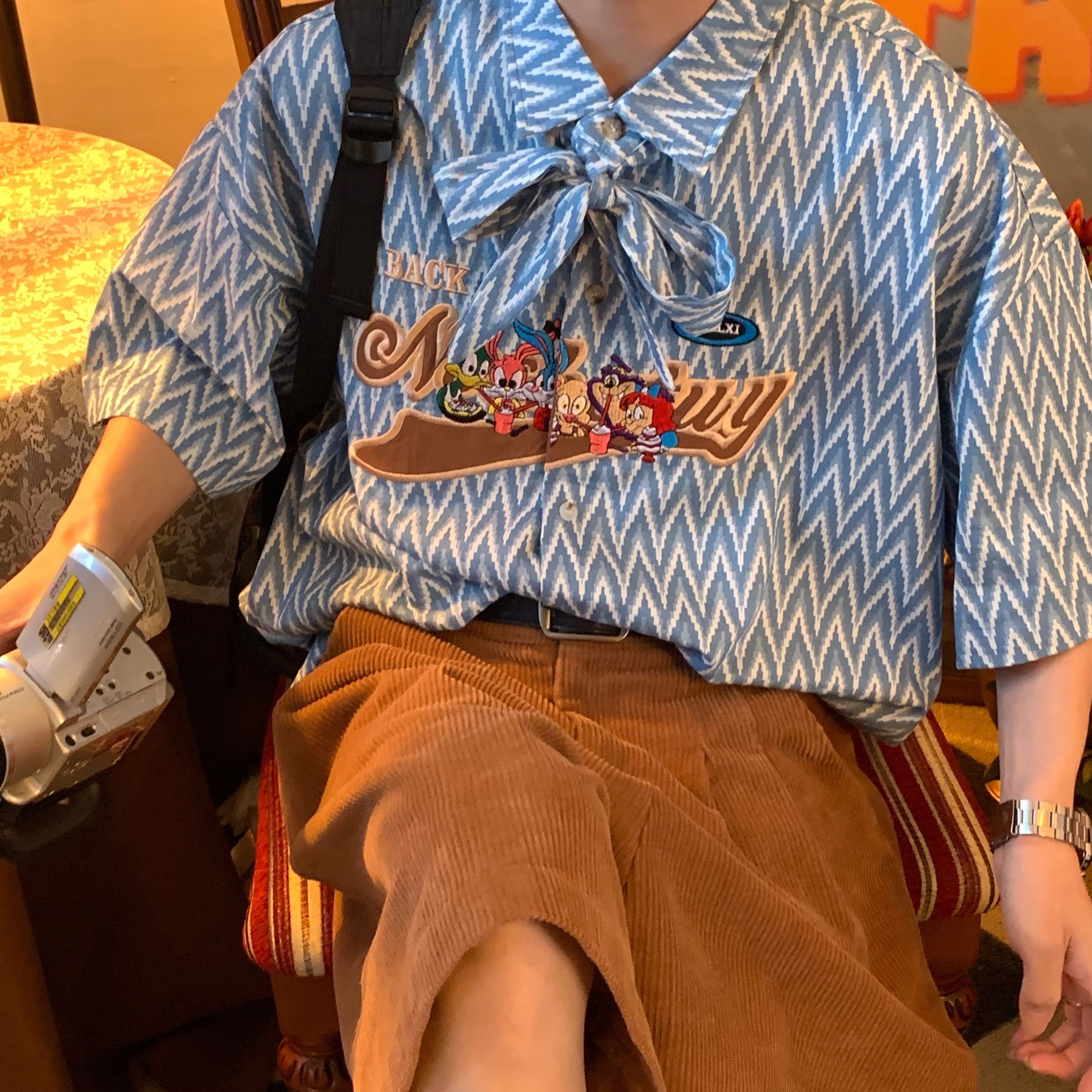 Japanese Retro Cartoon Embroidery Shirt, Loose Gender-Neutral Bow Tie Collar, Summer 90s Ins Style Top