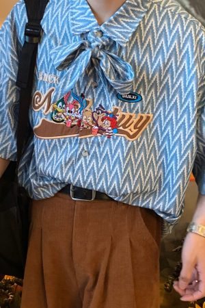 Japanese Retro Cartoon Embroidery Shirt, Loose Gender-Neutral Bow Tie Collar, Summer 90s Ins Style Top