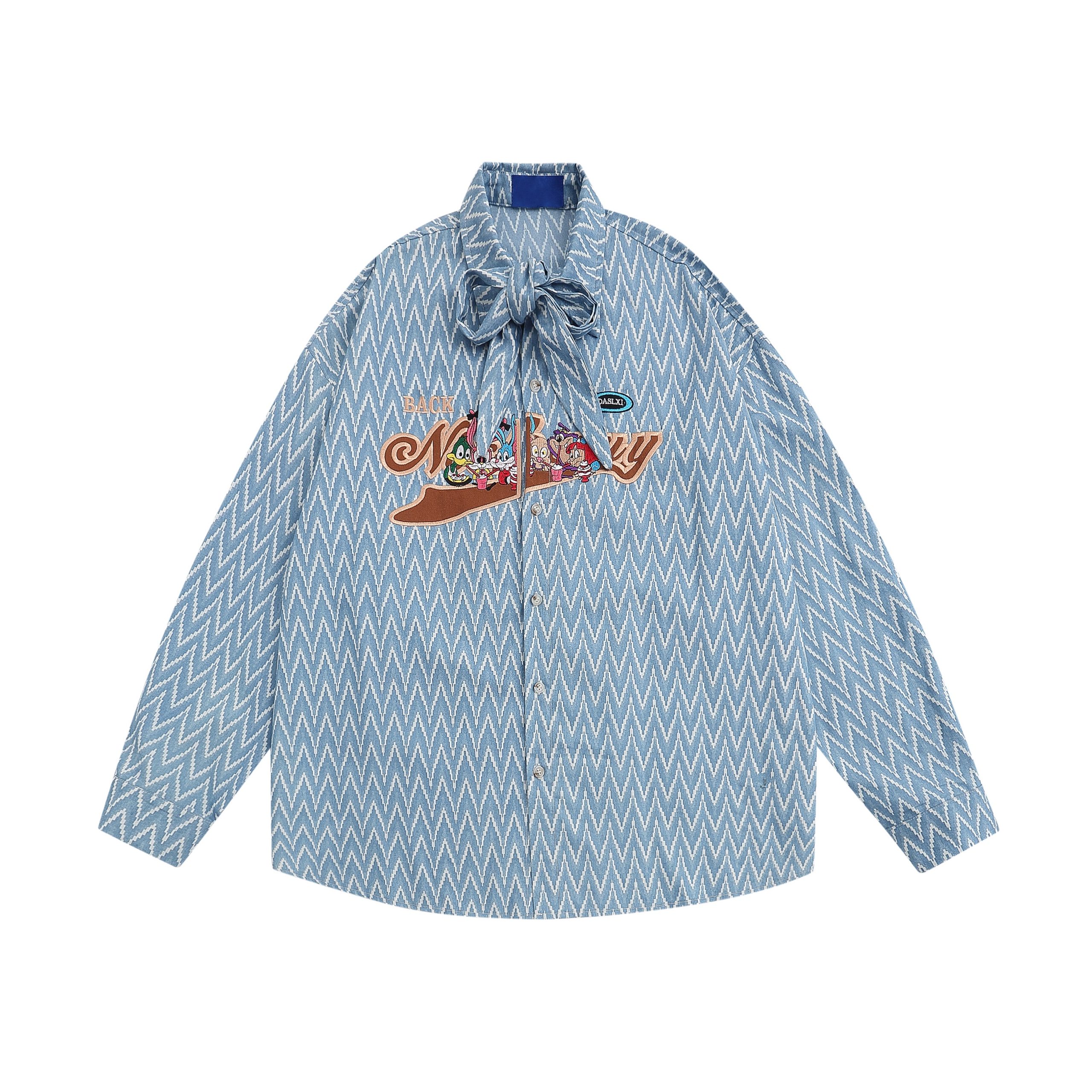 Japanese Retro Cartoon Embroidery Shirt, Loose Gender-Neutral Bow Tie Collar, Summer 90s Ins Style Top Japanese Retro Cartoon Embroidery Shirt, Loose Gender-Neutral Bow Tie Collar, Summer 90s Ins Style Top