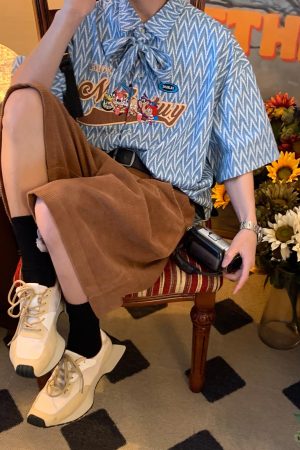 Japanese Retro Cartoon Embroidery Shirt, Loose Gender-Neutral Bow Tie Collar, Summer 90s Ins Style Top