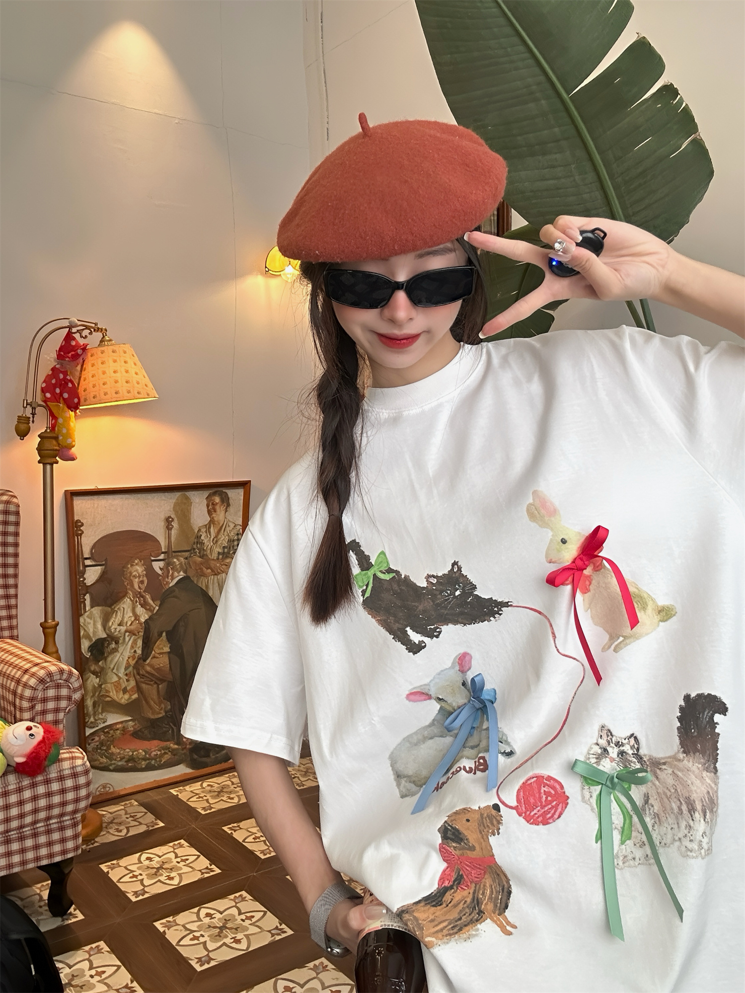 Japanese Retro Cute Cat Print Short Sleeve T-Shirt for Women, Bow Detail, Loose Fit, Y2K Style, Casual Summer Top Japanese Retro Cute Cat Print Short Sleeve T-Shirt for Women, Bow Detail, Loose Fit, Y2K Style, Casual Summer Top