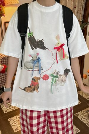 Japanese Retro Cute Cat Print Short Sleeve T-Shirt for Women, Bow Detail, Loose Fit, Y2K Style, Casual Summer Top