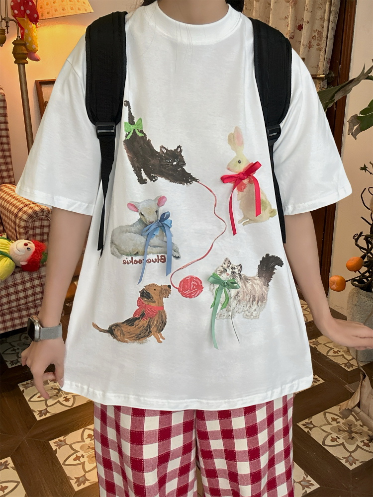 Japanese Retro Cute Cat Print Short Sleeve T-Shirt for Women, Bow Detail, Loose Fit, Y2K Style, Casual Summer Top Japanese Retro Cute Cat Print Short Sleeve T-Shirt for Women, Bow Detail, Loose Fit, Y2K Style, Casual Summer Top