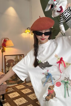 Japanese Retro Cute Cat Print Short Sleeve T-Shirt for Women, Bow Detail, Loose Fit, Y2K Style, Casual Summer Top