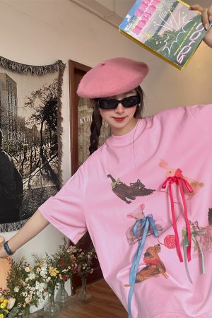 Japanese Retro Cute Cat Print Short Sleeve T-Shirt for Women, Bow Detail, Loose Fit, Y2K Style, Casual Summer Top