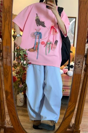 Japanese Retro Cute Cat Print Short Sleeve T-Shirt for Women, Bow Detail, Loose Fit, Y2K Style, Casual Summer Top