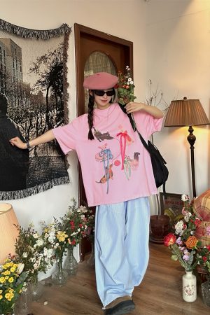 Japanese Retro Cute Cat Print Short Sleeve T-Shirt for Women, Bow Detail, Loose Fit, Y2K Style, Casual Summer Top