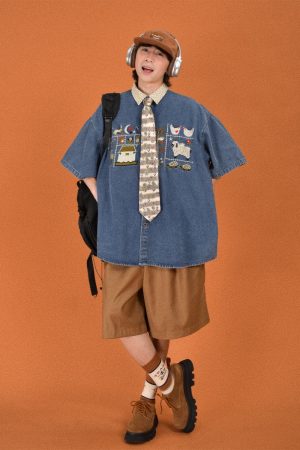 Japanese Retro Floral Embroidered Denim Short Sleeve Shirt - Summer Loose Fit Half Sleeve Top for Effortless Style