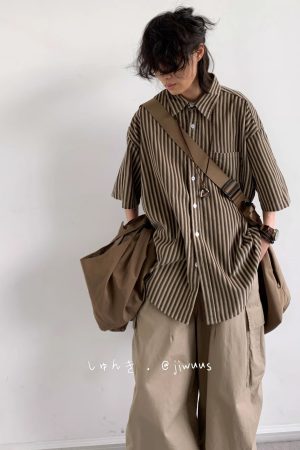 Japanese Retro Harajuku Striped Short Sleeve Shirt for Men and Women - Loose Boyfriend Style Summer Fashion Top