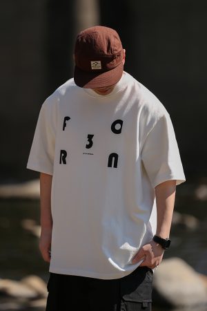 Japanese Retro Loose Casual Red Short Sleeve T-Shirt for Men and Women, Summer Letter Print Heavyweight Cotton Top