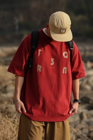 Japanese Retro Loose Casual Red Short Sleeve T-Shirt for Men and Women, Summer Letter Print Heavyweight Cotton Top