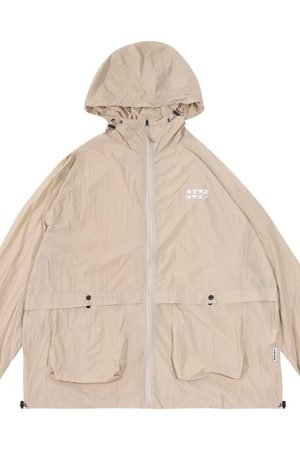 Japanese Retro Loose Mountain-Style Hooded Sun Protection Jacket with Irregular Buckle and Drawstring - Trendy Outdoor Climbing Coat