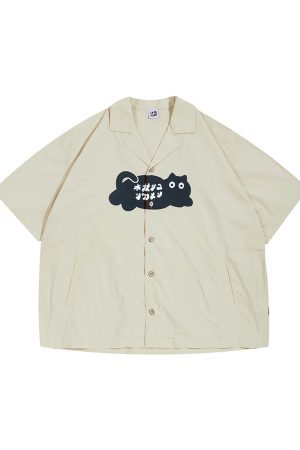 Japanese Retro Men's Short Sleeve Logo Cat Printed Work Shirt - Vintage Inspired Fashion, Casual Style, Y2K Aesthetic
