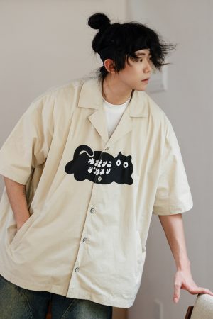 Japanese Retro Men's Short Sleeve Logo Cat Printed Work Shirt - Vintage Inspired Fashion, Casual Style, Y2K Aesthetic