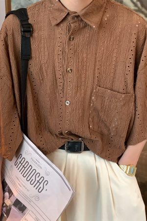 Japanese Retro Minimalist Hollow Short Sleeve Shirt - Handmade Light Luxury Unisex Summer Fashion Top