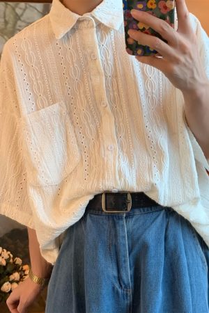 Japanese Retro Minimalist Hollow Short Sleeve Shirt - Handmade Light Luxury Unisex Summer Fashion Top