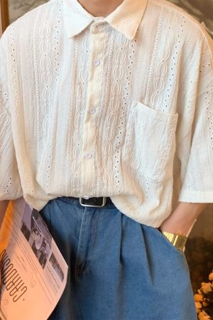 Japanese Retro Minimalist Hollow Short Sleeve Shirt - Handmade Light Luxury Unisex Summer Fashion Top