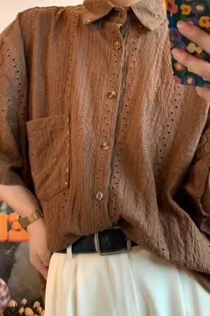 Japanese Retro Minimalist Hollow Short Sleeve Shirt - Handmade Light Luxury Unisex Summer Fashion Top