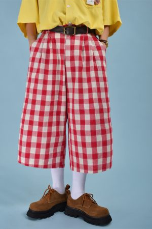 Japanese Retro Plaid Loose Casual Unisex Wide-Leg Summer Pants - Versatile Three-Quarter Length for Effortless Style