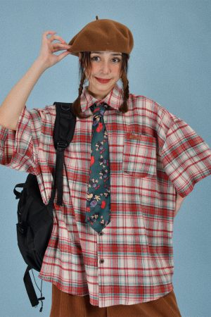 Japanese Retro Plaid Short Sleeve Shirt for Men and Women, Summer Loose Checkered Half Sleeve Top, Versatile 90s Style Fashion