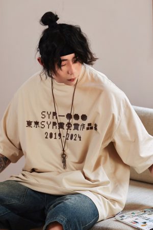 Japanese Retro Round Neck City Boy Short Sleeve T-Shirt for Men - Loose Fit Trendy Letter Print Tee, Y2K Style Fashion Top