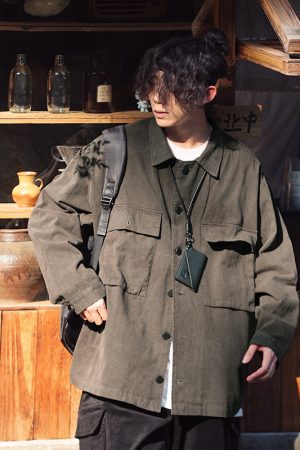 Japanese Retro Street Style Distressed Work Jacket for Men and Women, Loose Fit with Multiple Pockets, Spring Autumn Fashion