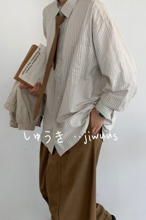 Japanese Retro Striped Long Sleeve Shirt for Men and Women, Loose Casual College Style Jacket, Light-Colored Spring Autumn Fashion