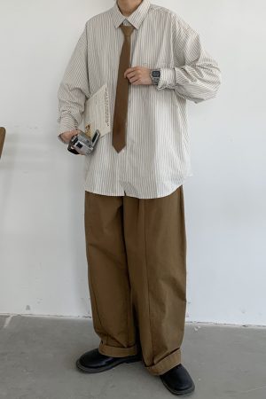 Japanese Retro Striped Long Sleeve Shirt for Men and Women, Loose Casual College Style Jacket, Light-Colored Spring Autumn Fashion