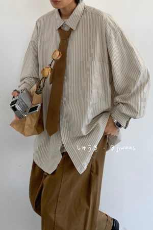 Japanese Retro Striped Long Sleeve Shirt for Men and Women, Loose Casual College Style Jacket, Light-Colored Spring Autumn Fashion