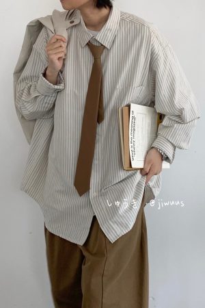 Japanese Retro Striped Long Sleeve Shirt for Men and Women, Loose Casual College Style Jacket, Light-Colored Spring Autumn Fashion