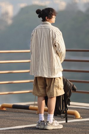 Japanese Retro Striped Long Sleeve Shirt for Men and Women â€“ Versatile Casual Top, Spring Fashion Essential